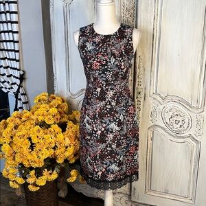 Floral Sleeveless Waisted Dark Floral Dress with Lace Hem